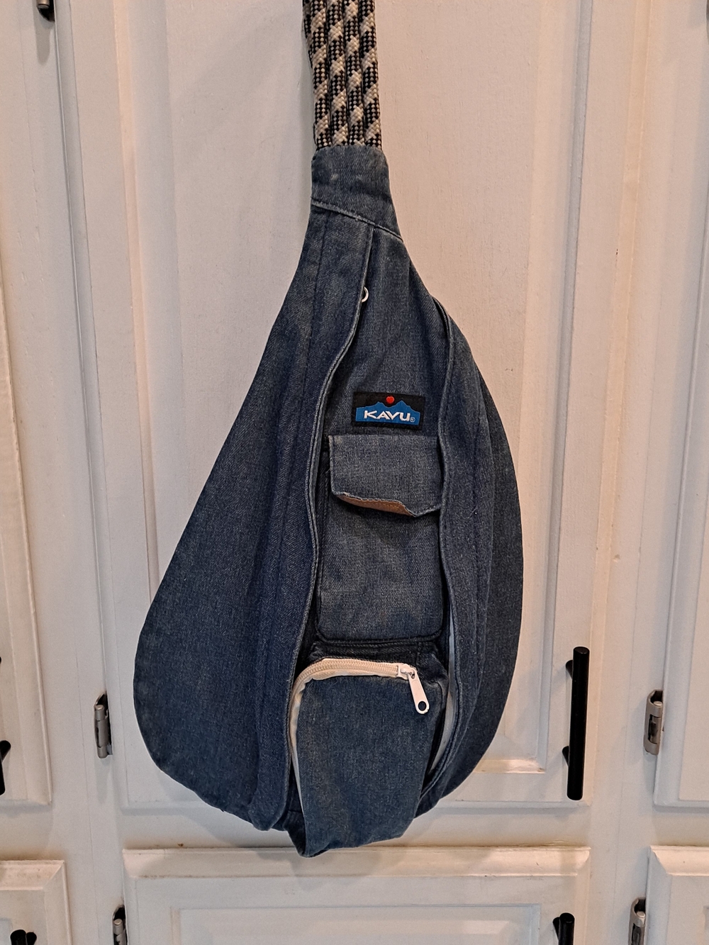 KAVU Blue Distressed Denim Rope Sling Compact Crossbody Cabincore Unisex Retro